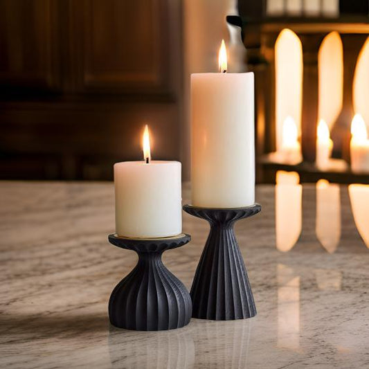 Black Wooden Groove Candle Holder Set