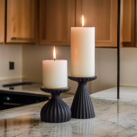 Black Wooden Groove Candle Holder Set