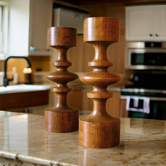 Amazing Swirly Design Wooden Candle Holders - Solid Acacia Elegance Set