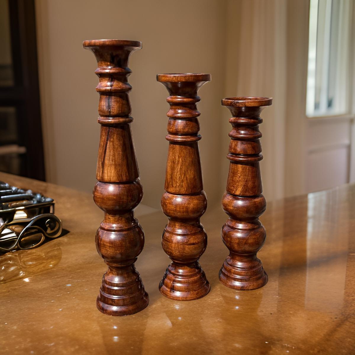 Wooden Candle Holders Set - Elegant Trio in Three Wood Variations