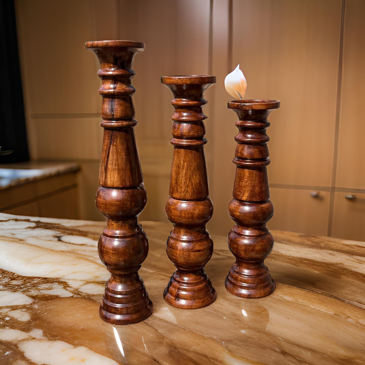 Wooden Candle Holders Set - Elegant Trio in Three Wood Variations