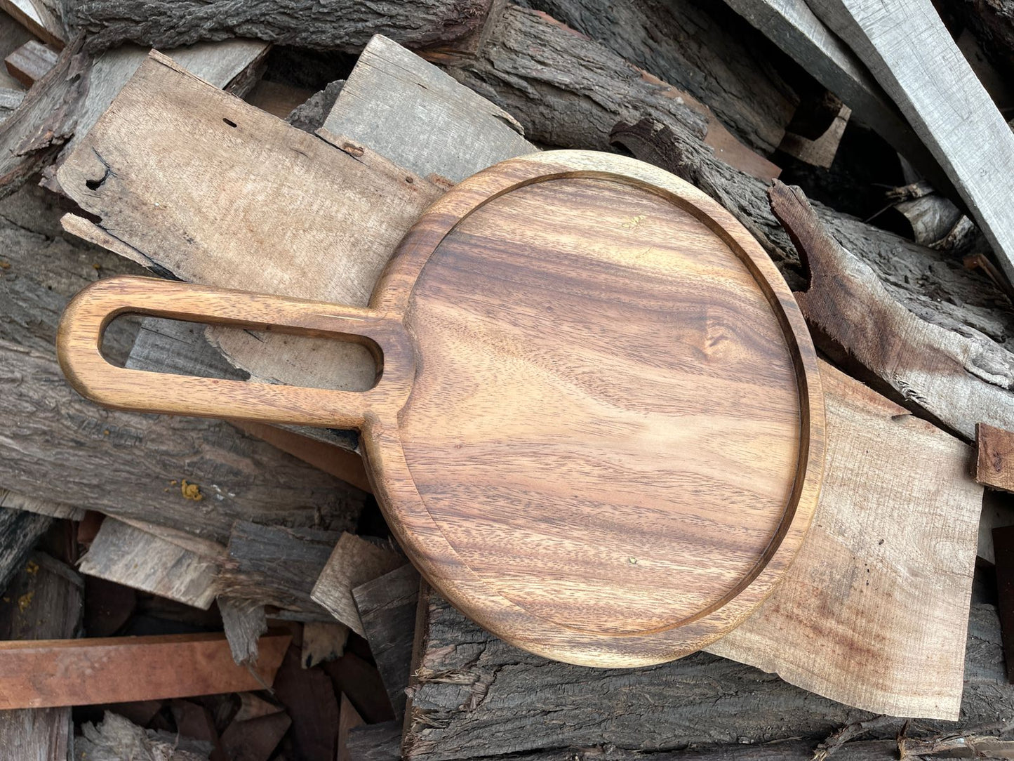 Wooden Round Platter with Unique Handle