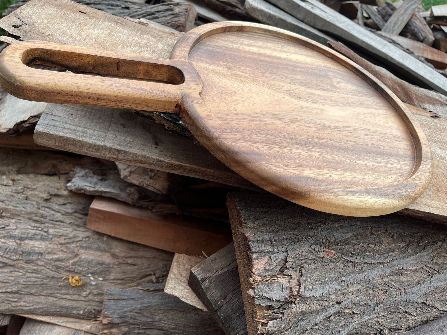 Wooden Round Platter with Unique Handle