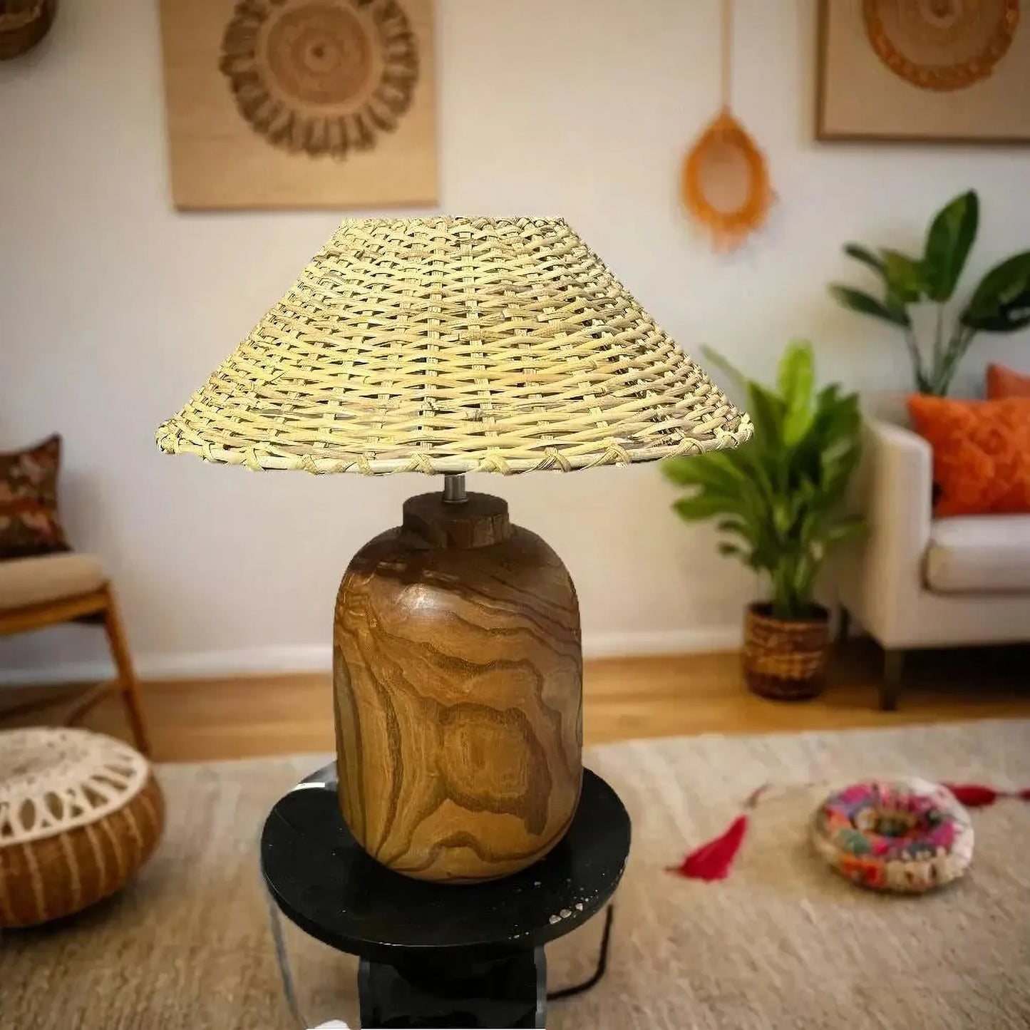 Handcrafted Wooden Table Lamp with Cane Lampshade