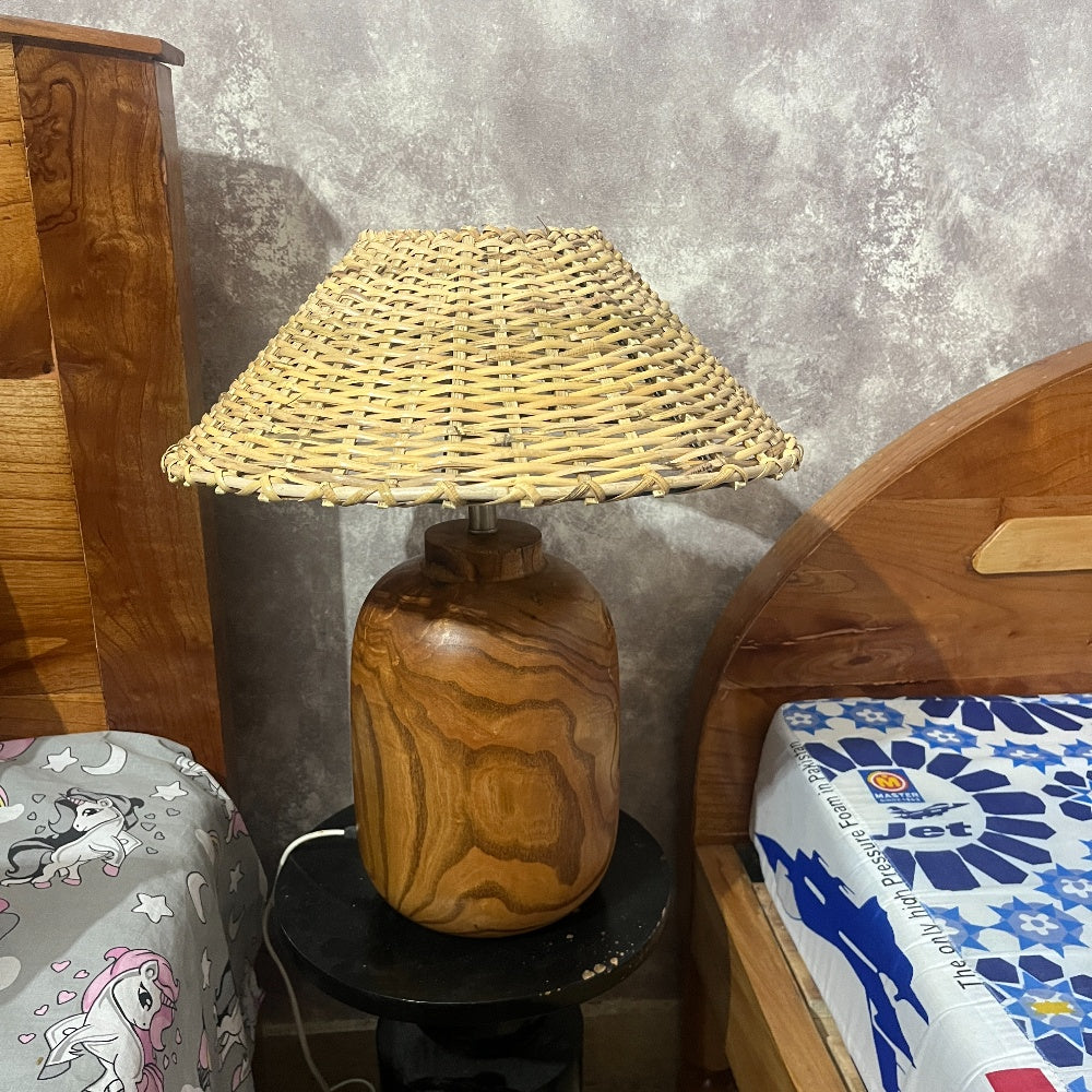 Handcrafted Wooden Table Lamp with Cane Lampshade