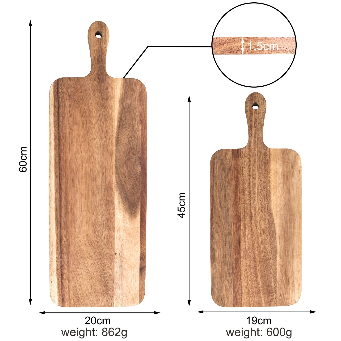 Keekar Brown Acacia Wood Cutting Boards with Handles