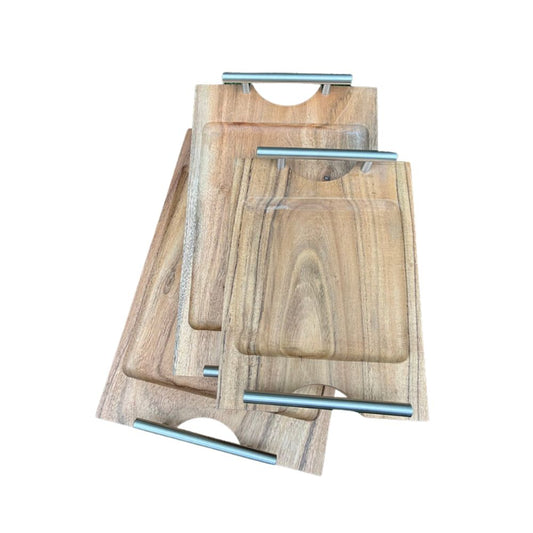 Wooden Tray Set with Metal Handles